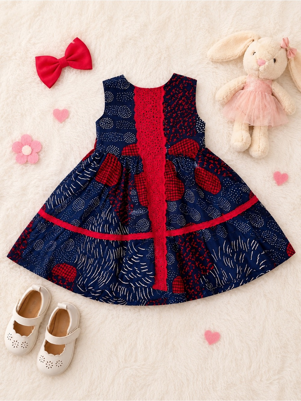 Handmade Girls 4T 5T Dress Navy Red Geometric Print Eyelet Lace